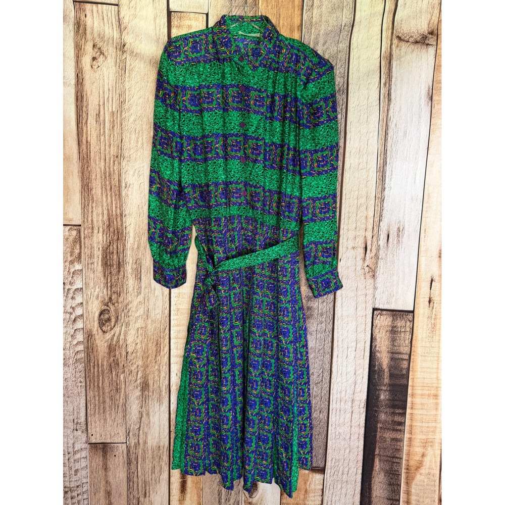 Adrianna Papell Dress Vintage Silk Shirt 1980s Printed Belted Green Blue Size 12